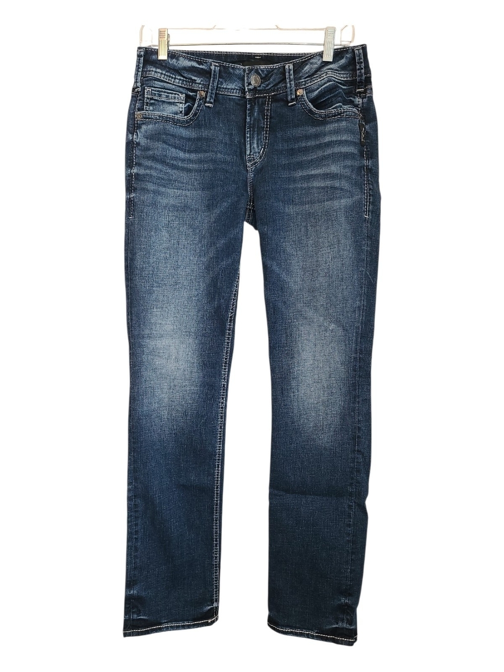 Silver Jeans Elyse Straight Distressed Dark Blue Denim with Tan Stitching 28